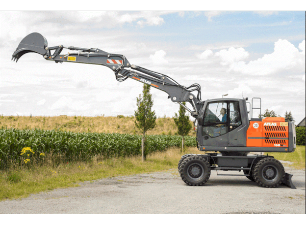 Excavator pe roti Atlas 160W, lama + stabilizatori de vanzare